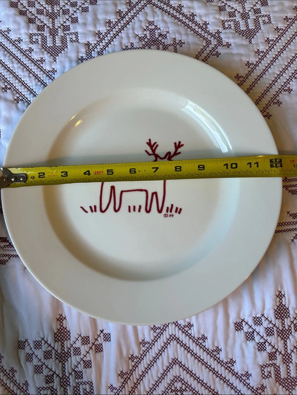 Crate&Barrel Trish Richman 12 inch White Serving Platter w/ Red Reindeer Sketch